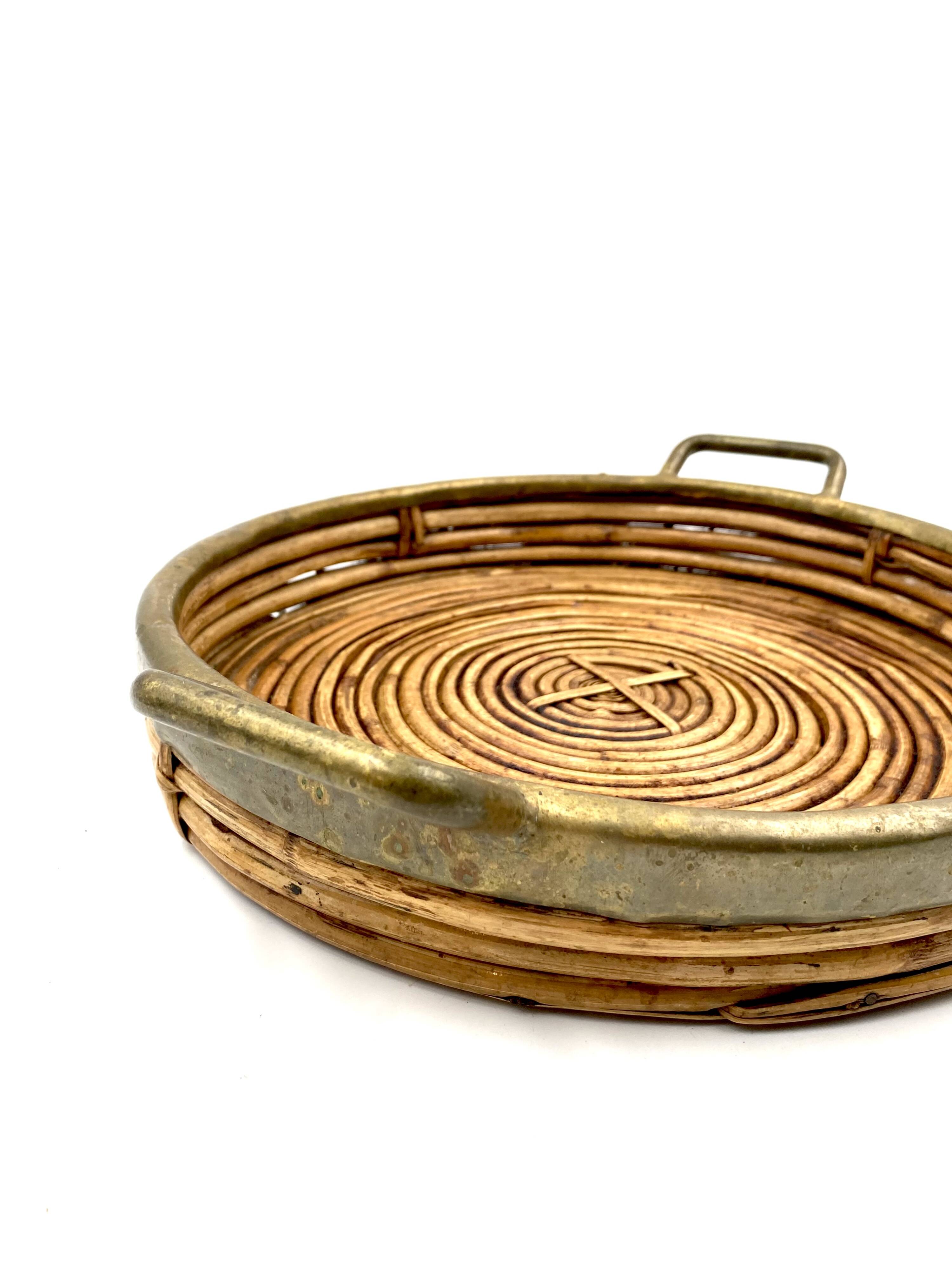 Hollywood regency brass and wicker vide poche, Italy ca. 1970