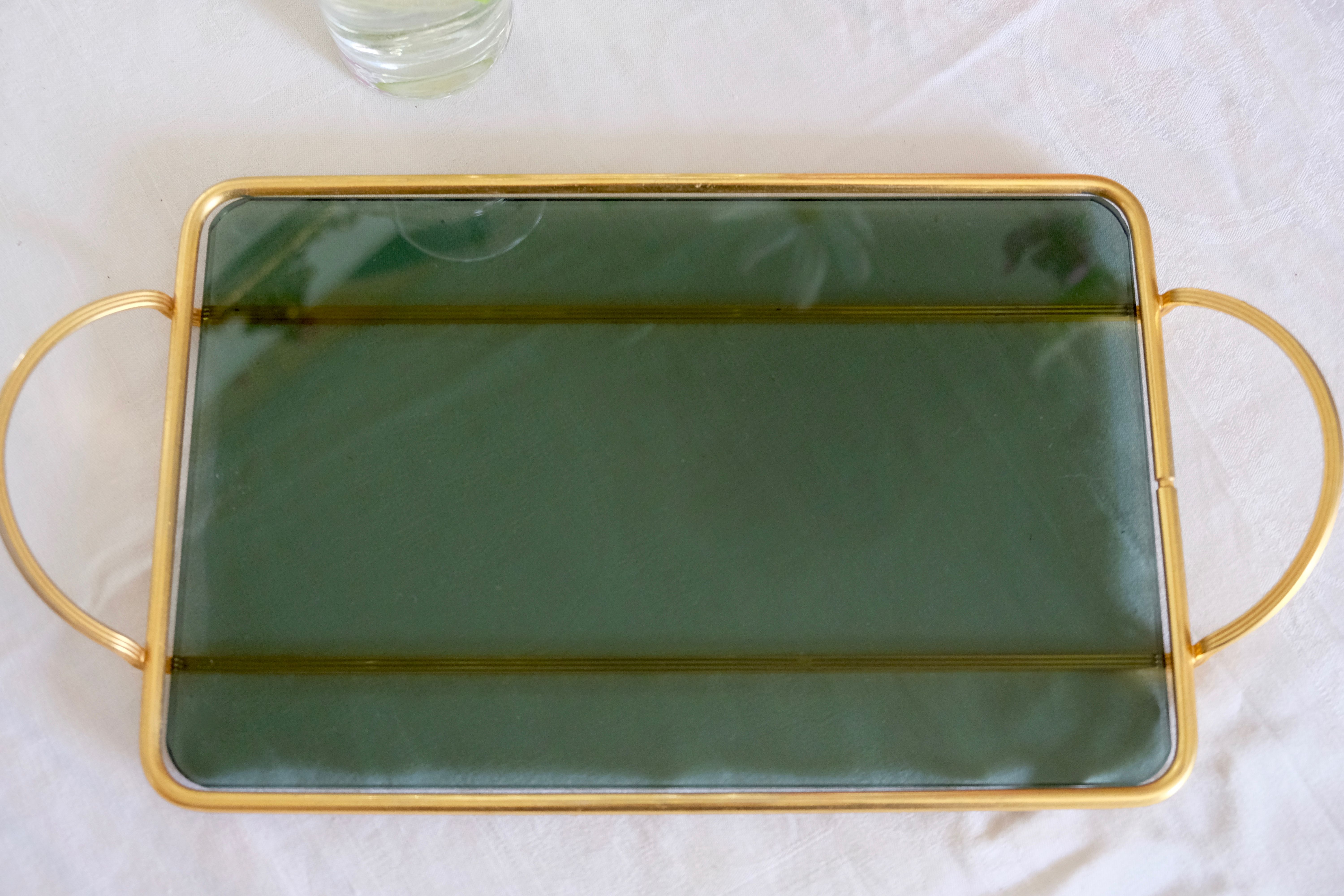 Serving tray in brass and Italian green smoked glass 50s