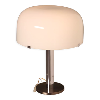 Table lamp in white glass & inox  produced by Harvey Guzzini  Italy - 1970's