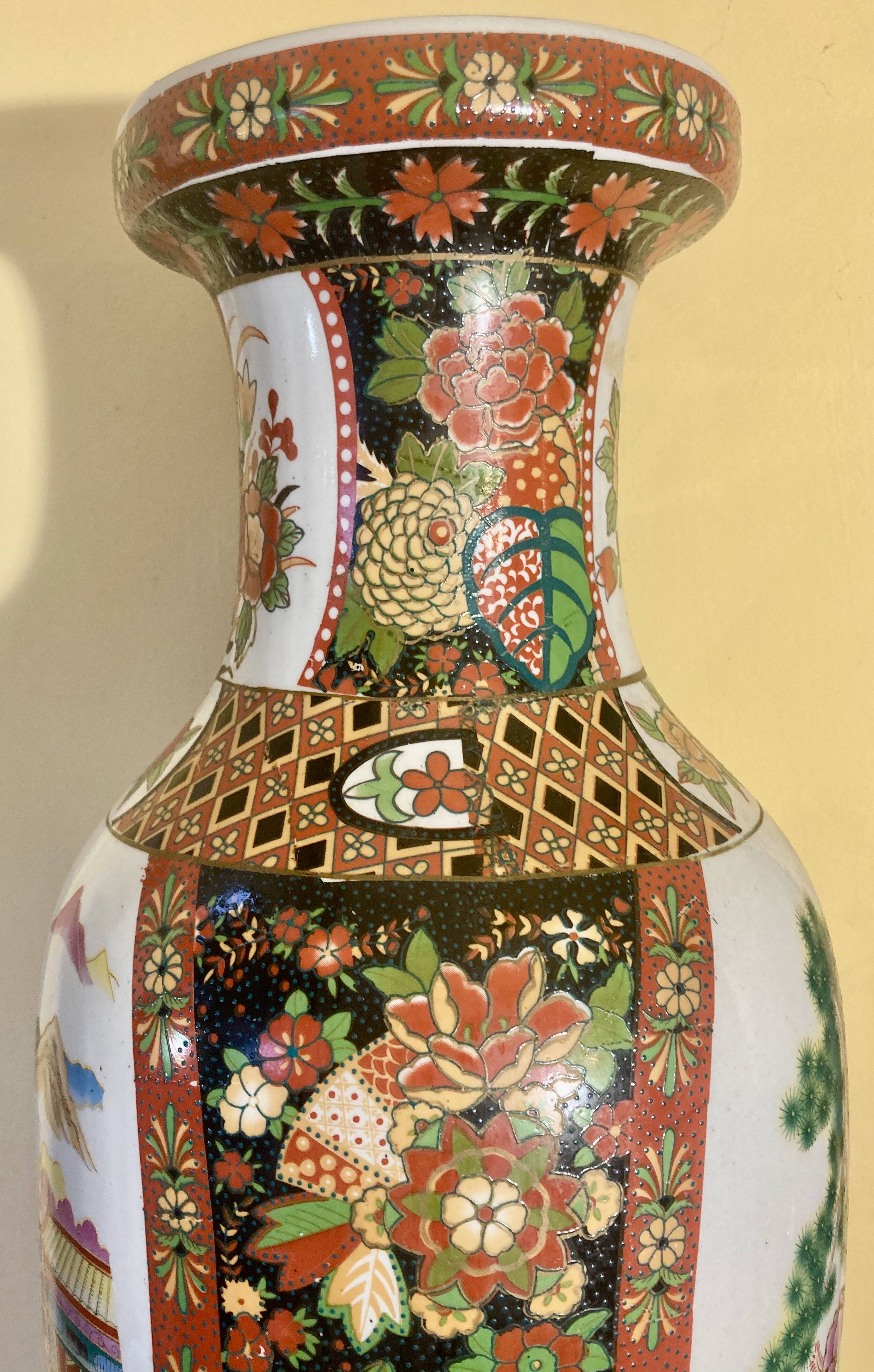 Chinese baluster porcelain vase with polychrome decoration of flowers and pagoda size xxl