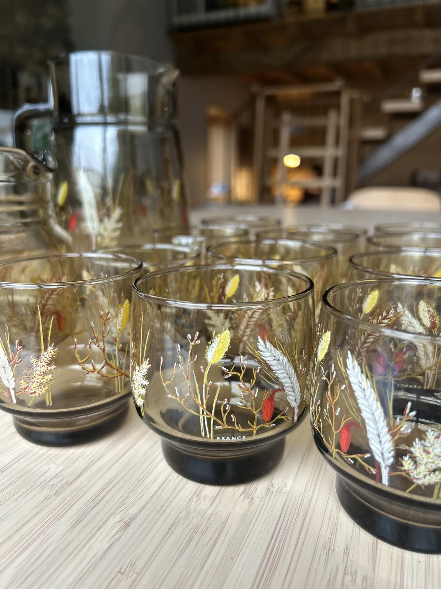 Large vintage orangeade service with smoky glass, country decor from the 70s - 14 pieces.
