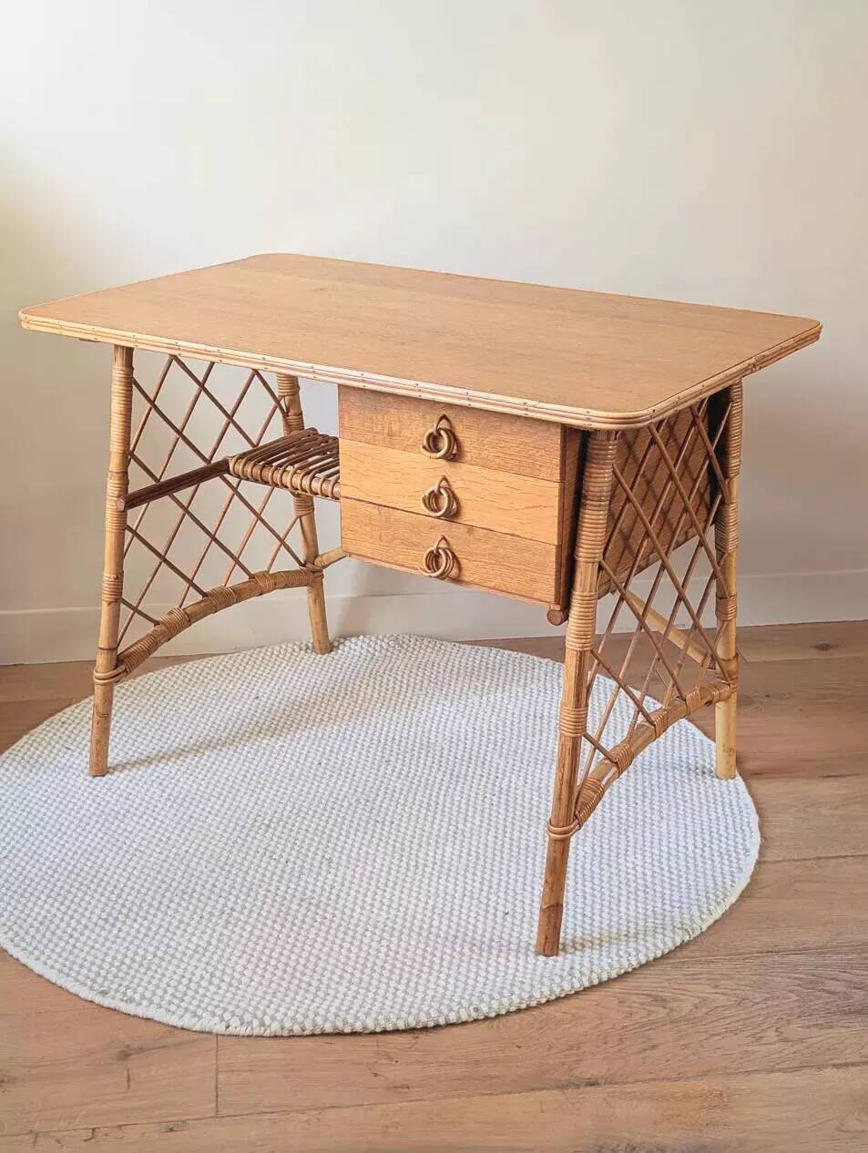 Vintage wood and rattan desk by L. Sognot
