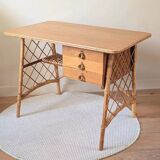 Vintage wood and rattan desk by L. Sognot