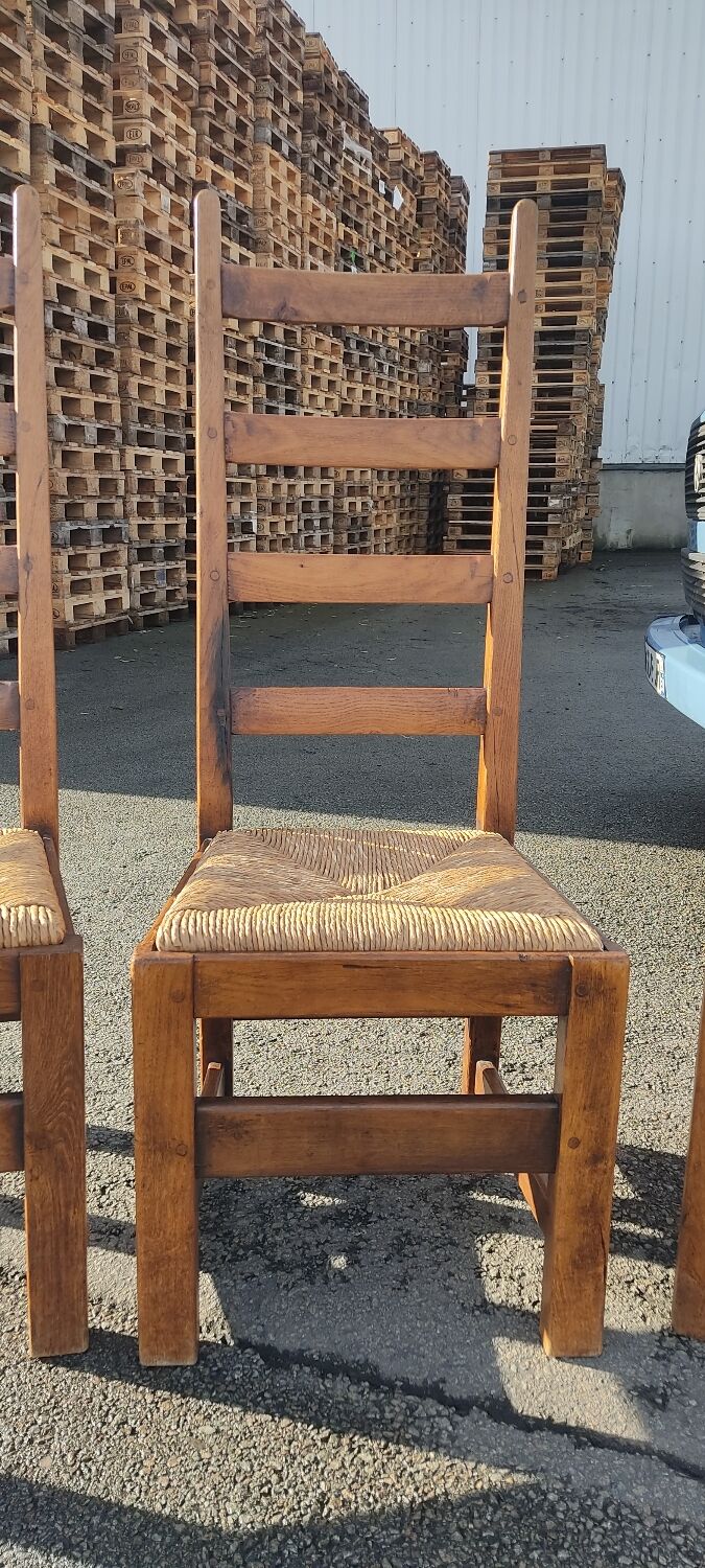 Ensemble de 4 chaises bois paille brutaliste