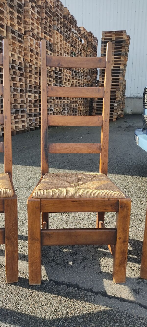 Ensemble de 4 chaises bois paille brutaliste