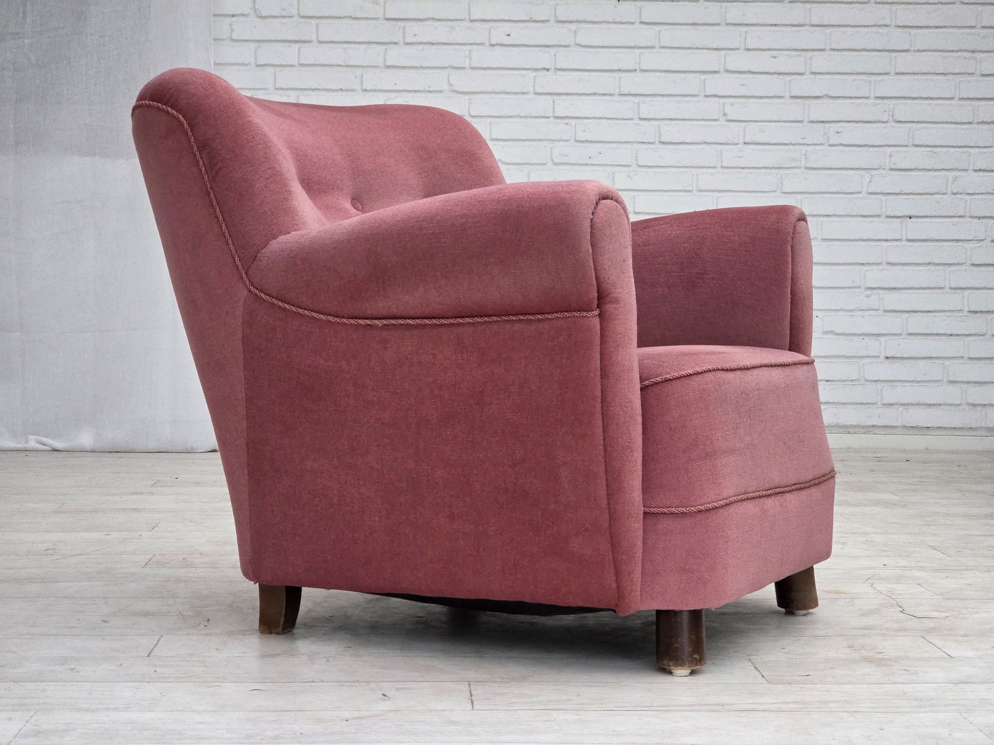 1960s, Danish relax armchair, furniture velour, oak wood.