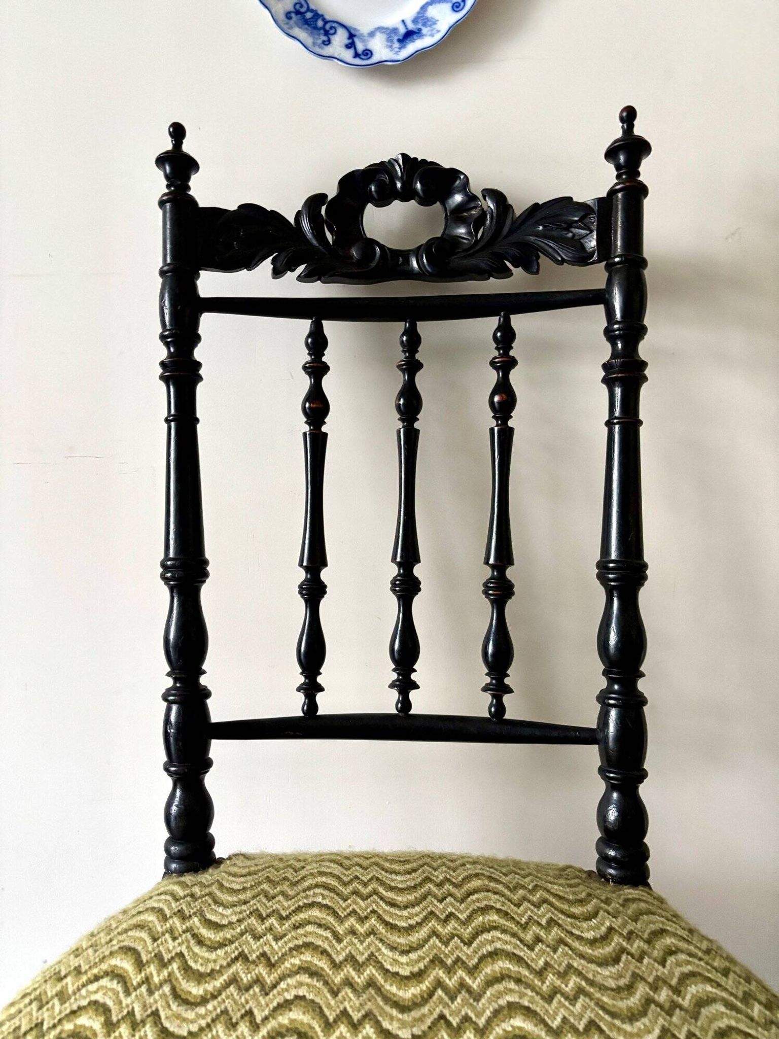 Black turned wood and green wool chair