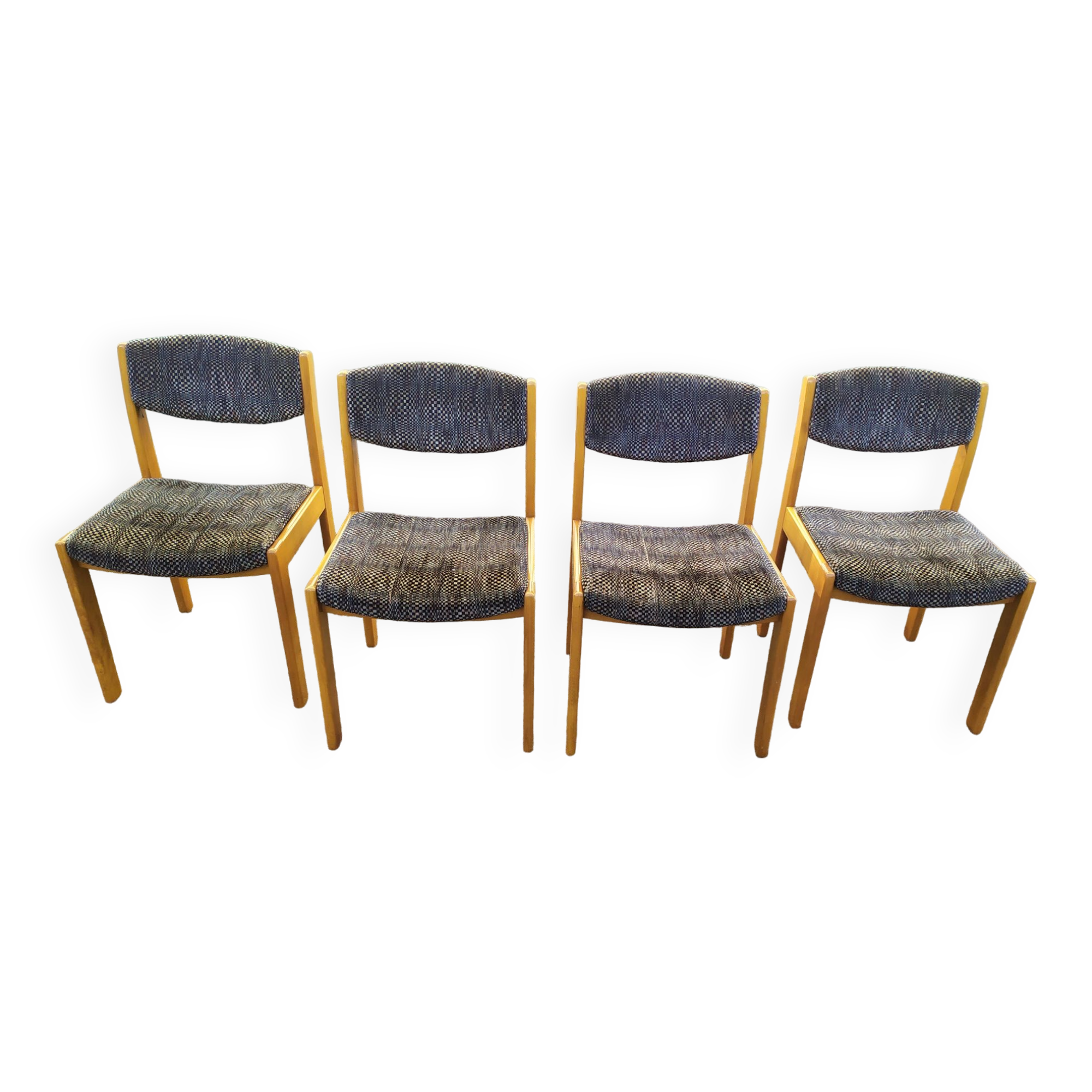 Lot de 4 Chaises en bois blond et tissu gris - Vintage