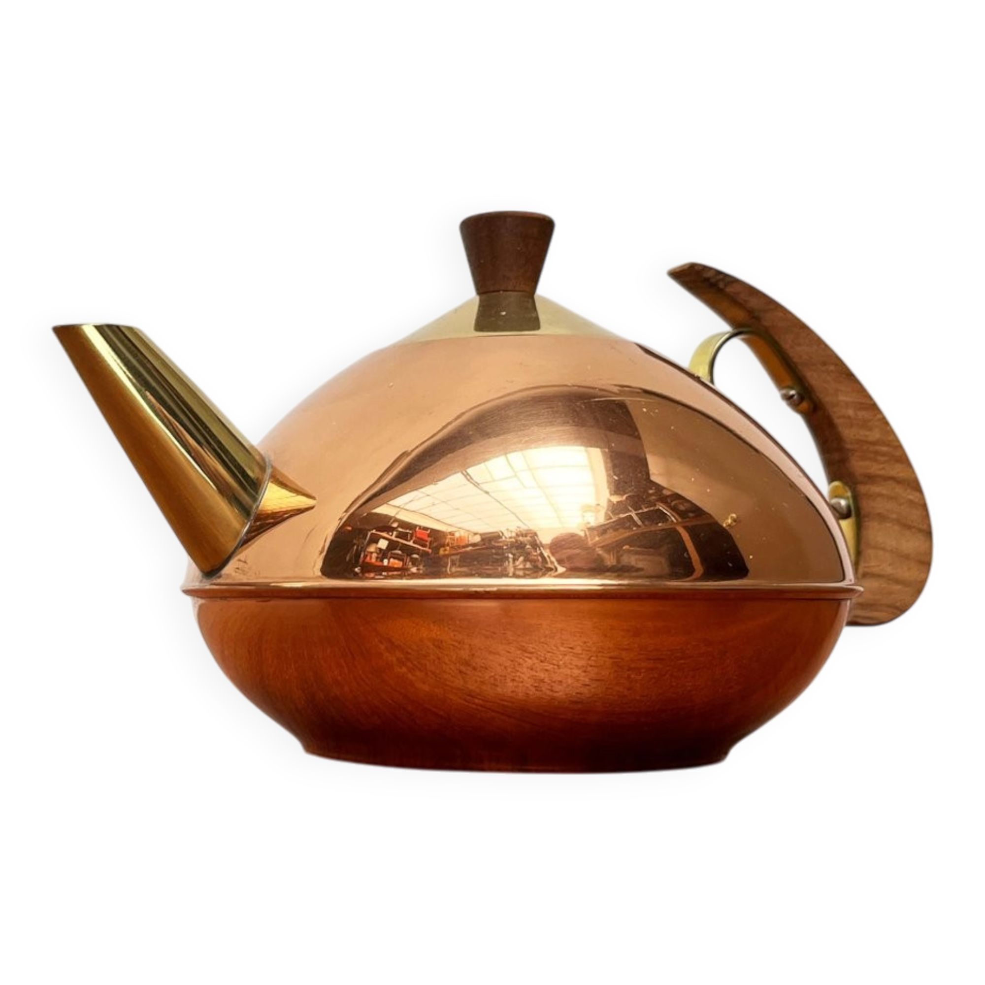 Metal and teak teapot from the mid-century, 1960s.