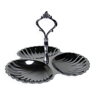 Vintage three-bowl server in silver-plated metal, shell decoration 1970-80.