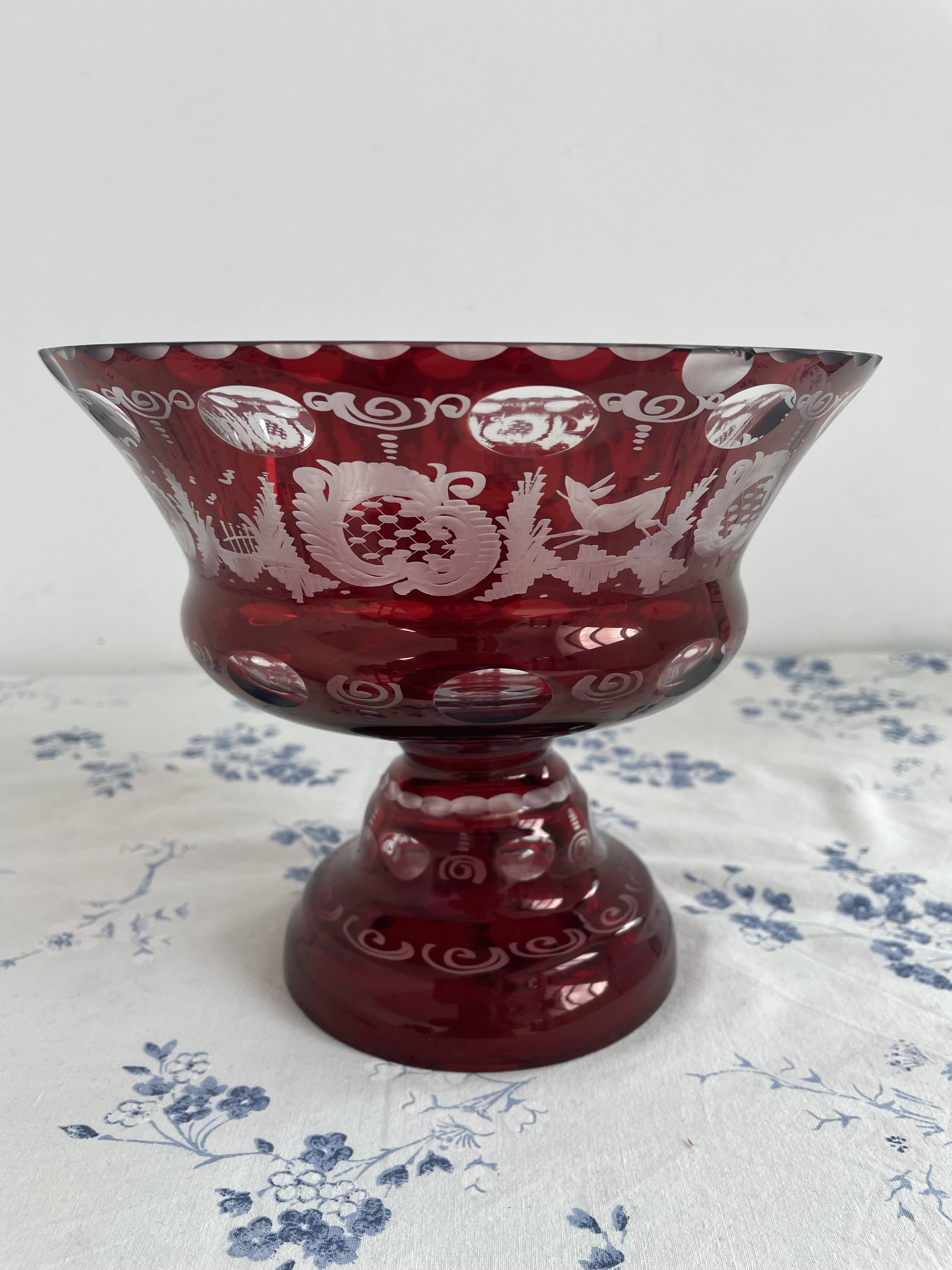 Large red and white overlay glass bowl, Bohemian 20th century