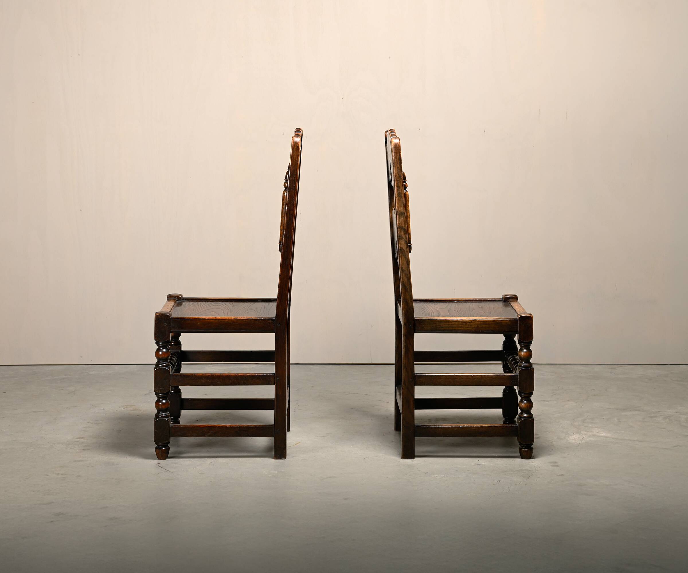 Pair Antique Yorkshire Back Stools / Side Chairs solid Oak, England 18th Ce