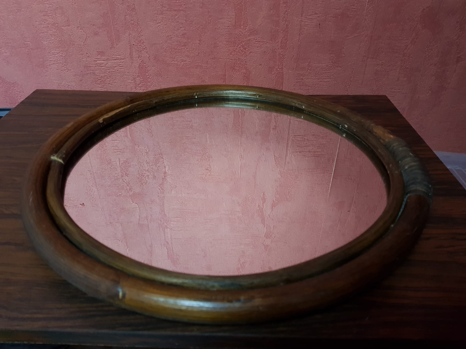 Old Round Mirror In Vintage 70s Rotin 41cm