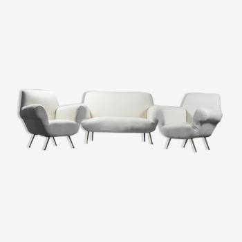 Ensemble canapé 2 fauteuils bouclé blanc années 50 vintage modernié