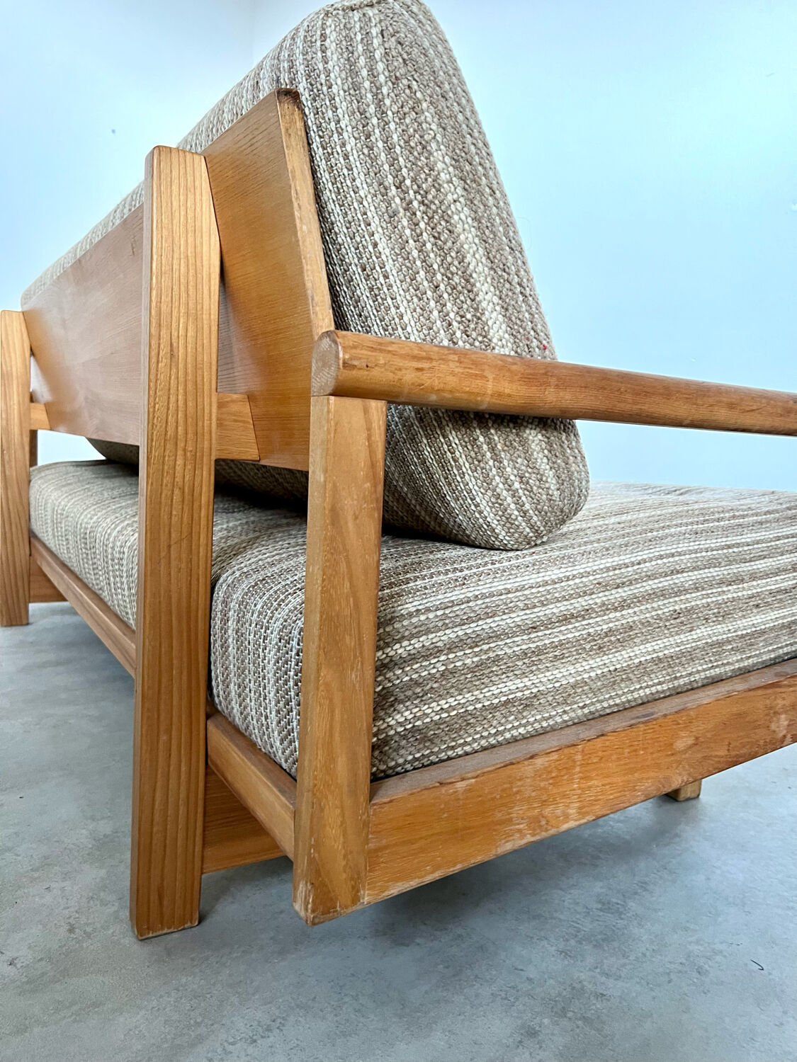 Old wooden sofa vintage brutalist design 60s