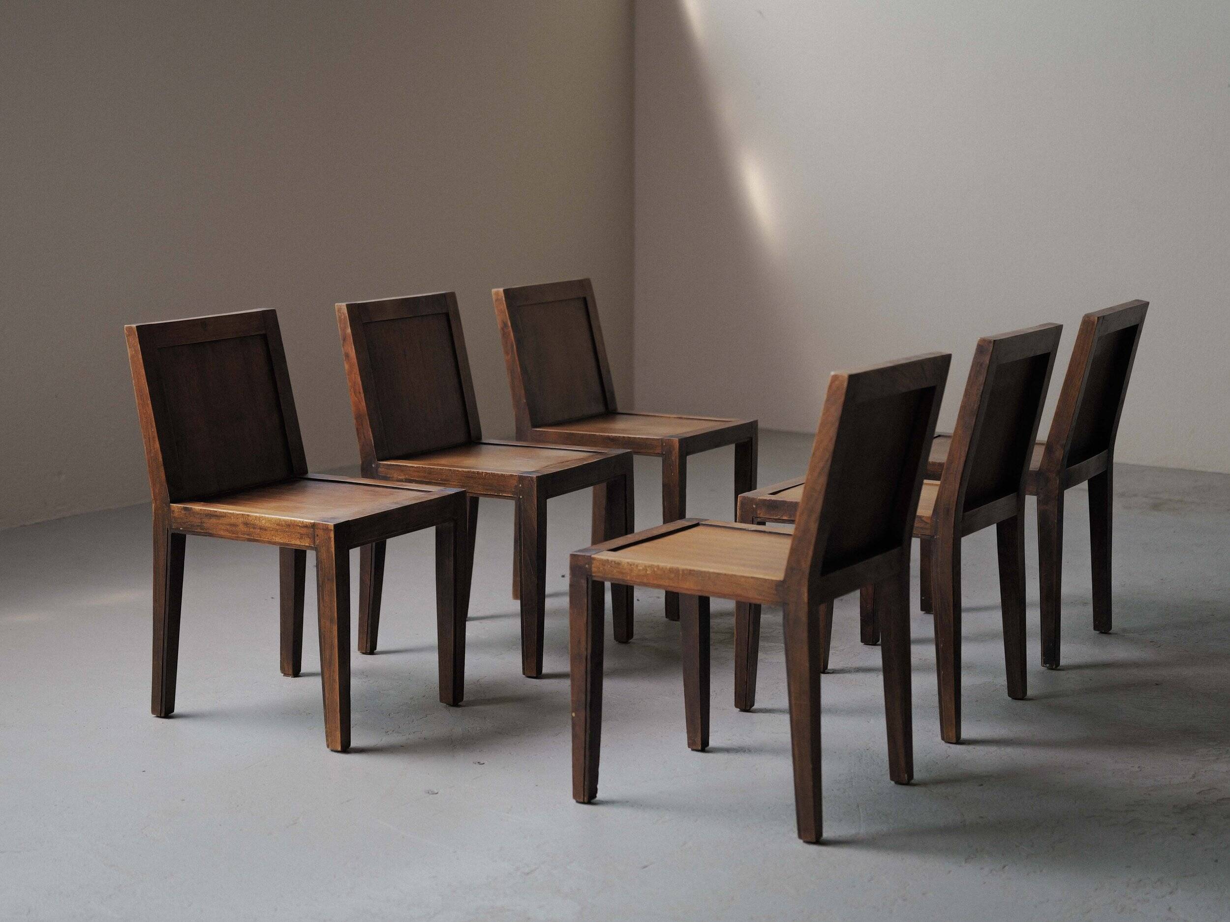 Set of 6 handcrafted oak chairs, France, circa 1970.