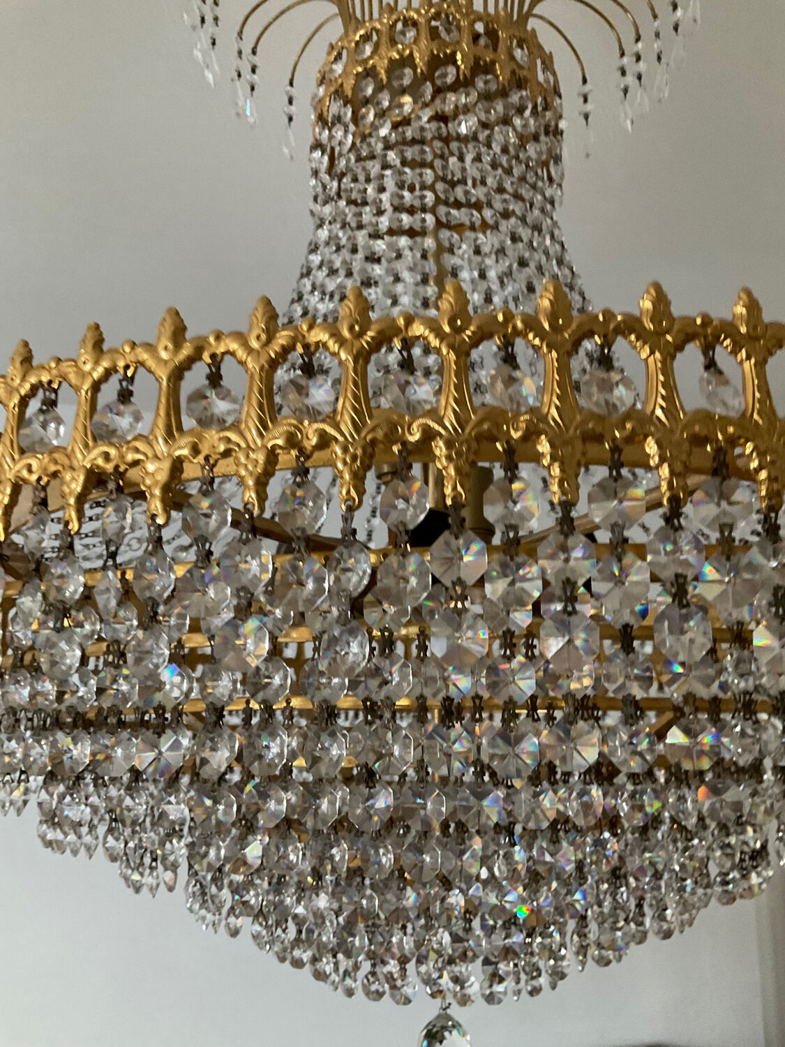 Brass chandelier and crystal tassel waterfall