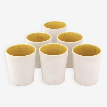Ceramic glasses by Guy Resse white and yellow, Vallauris