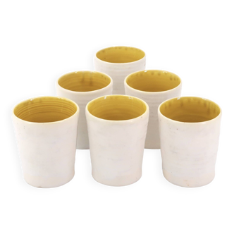 Ceramic glasses by Guy Resse white and yellow, Vallauris