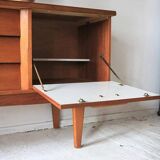 Enfilade Jentique in golden teak, brown wood, 1960s design large mid-century sideboard.