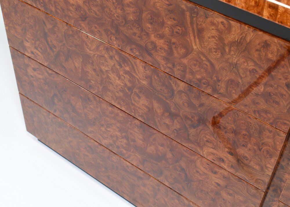 Italian drawer credenza in high gloss burl and brass, Italy, 1970s