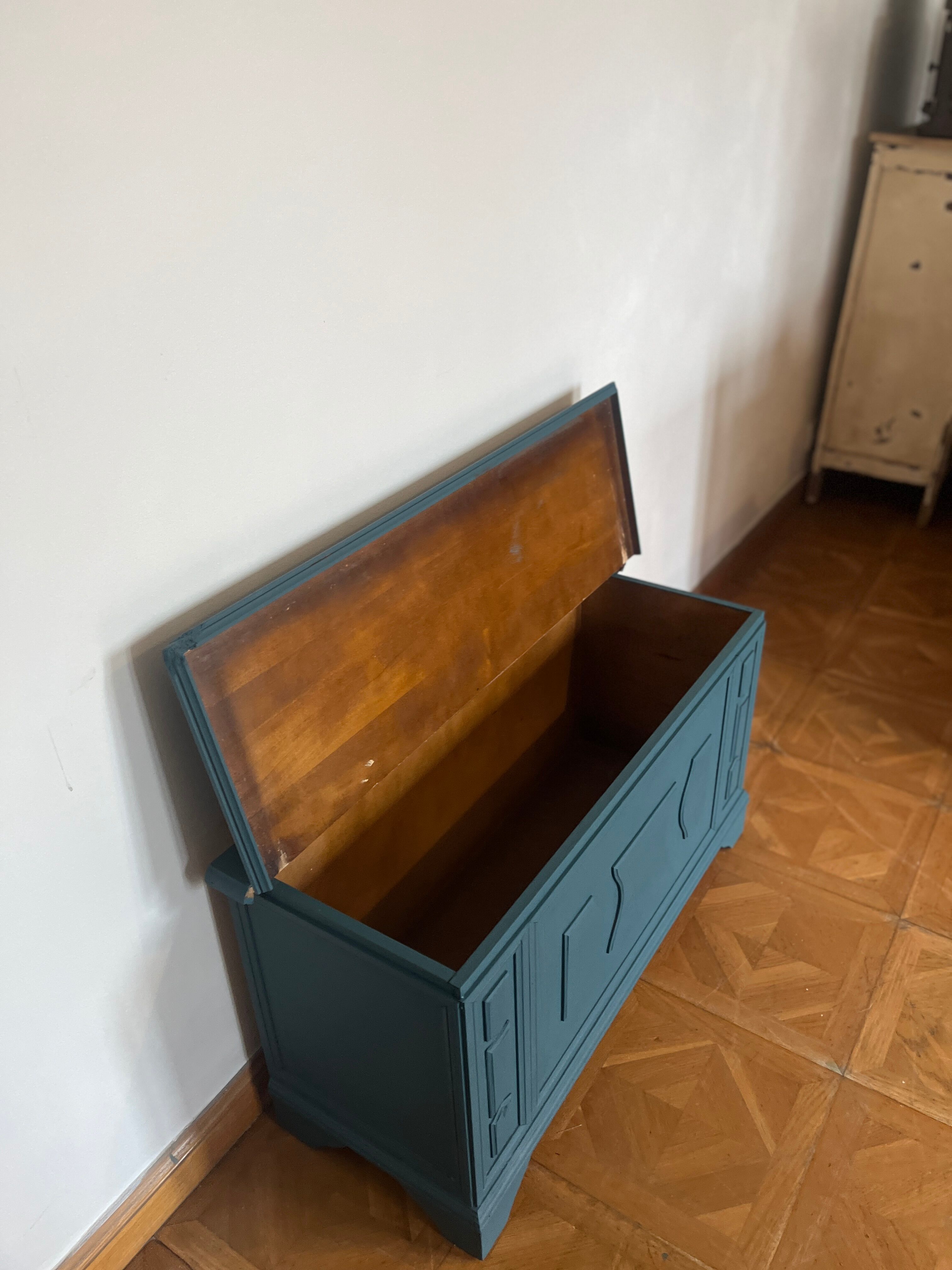 Peacock blue wooden toy chest