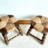 Pair of wood and straw fireplace stools 1950