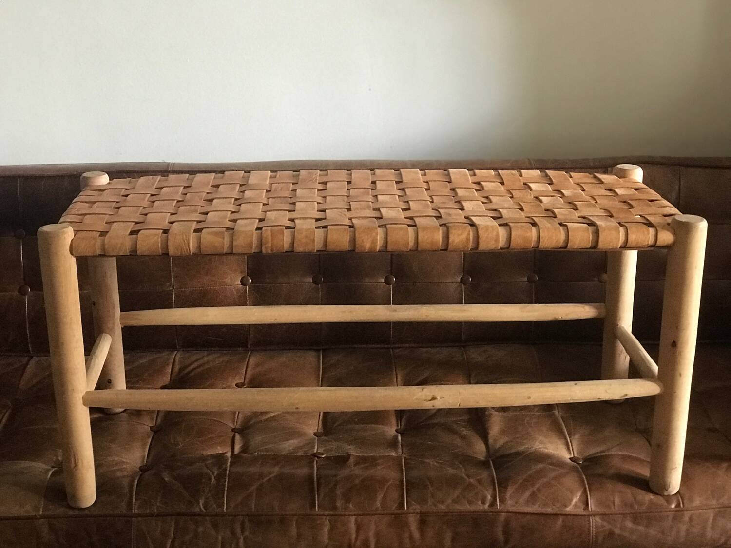 Woven leather bench
