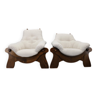 Pair of Brutalist oak armchairs, Czechoslovakia, 1970s