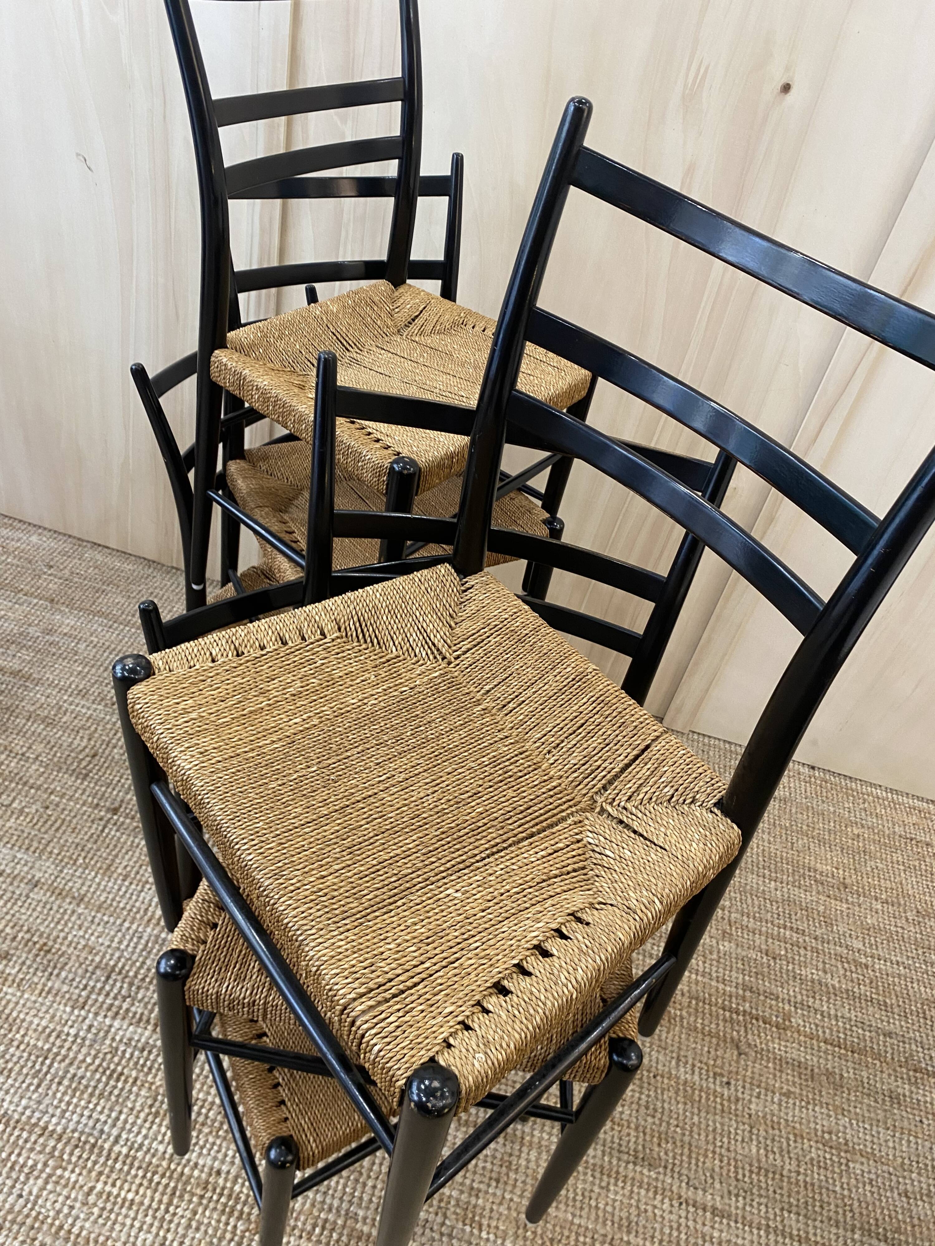 Série de 6 chaises en bois & cordes - italie 1960