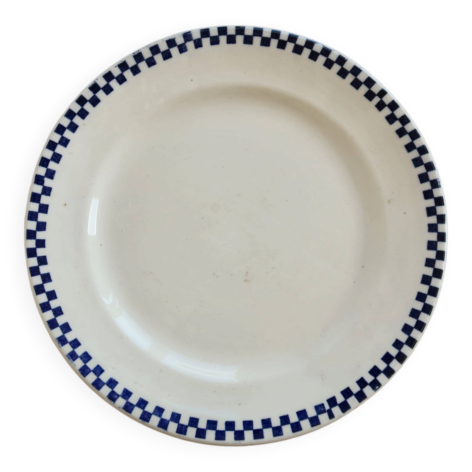 Round serving dish, old ironstone from Salins - Checkerboard pattern