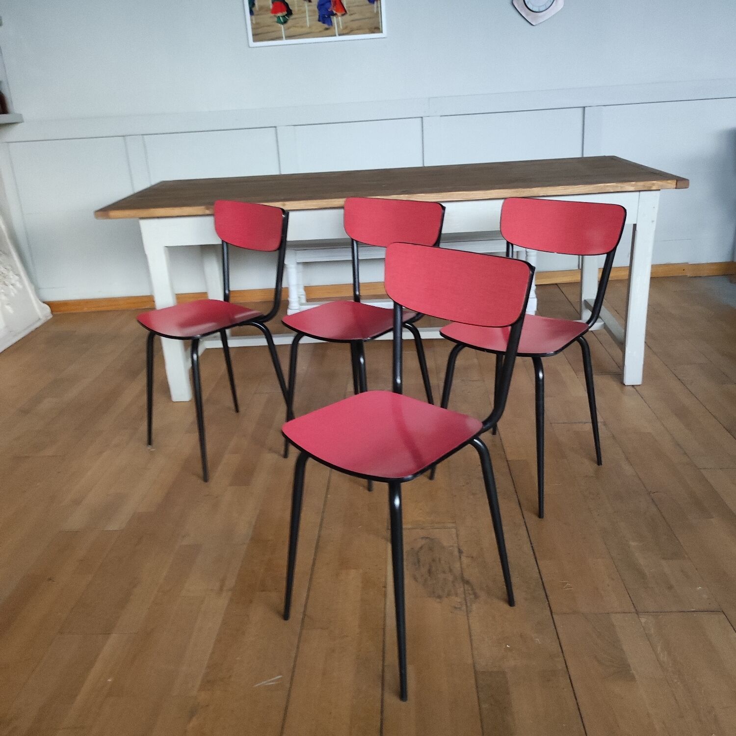 4 restored red formica chairs with black legs