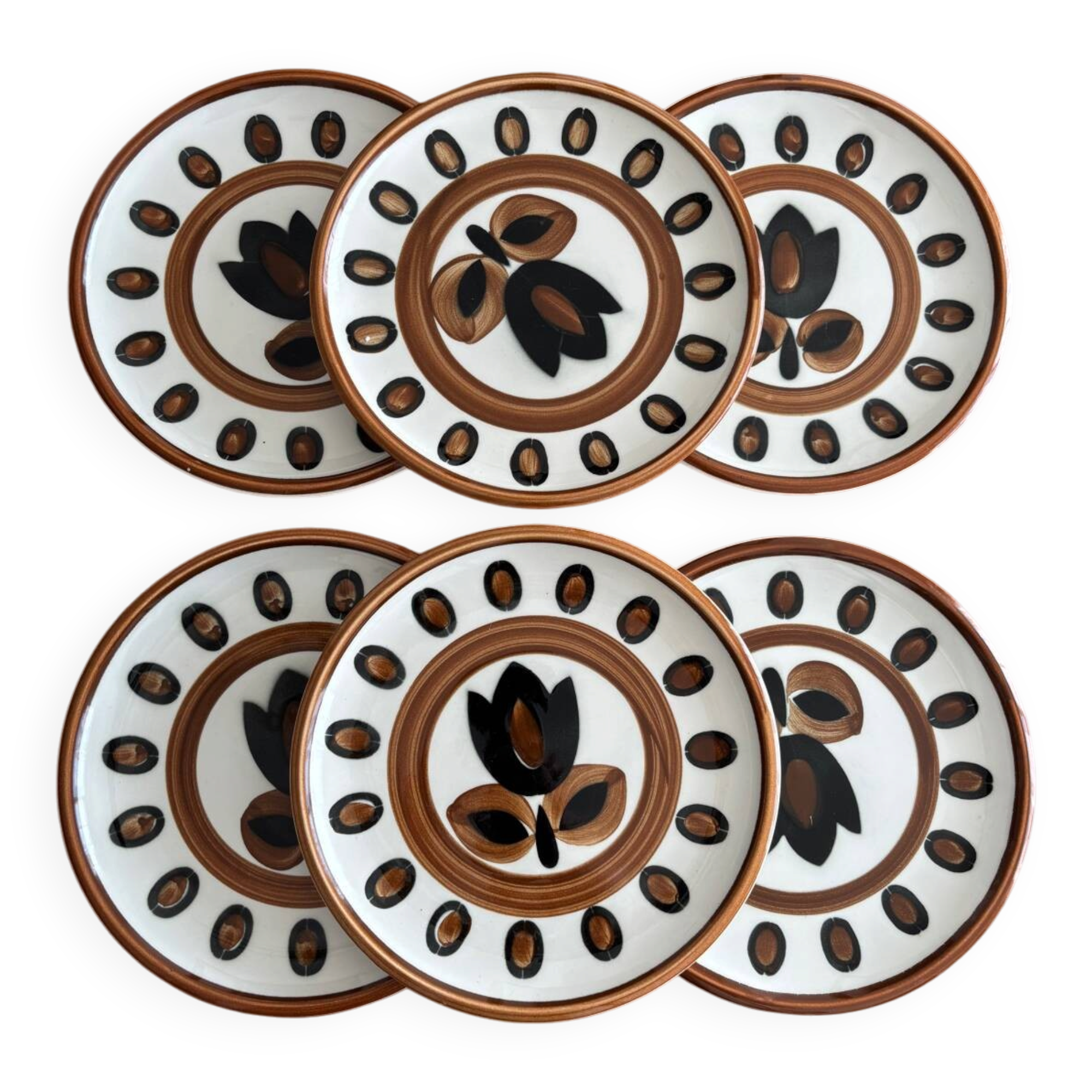 Set of 6 vintage 1970 Boch La Louvière dessert plates, kimono design.