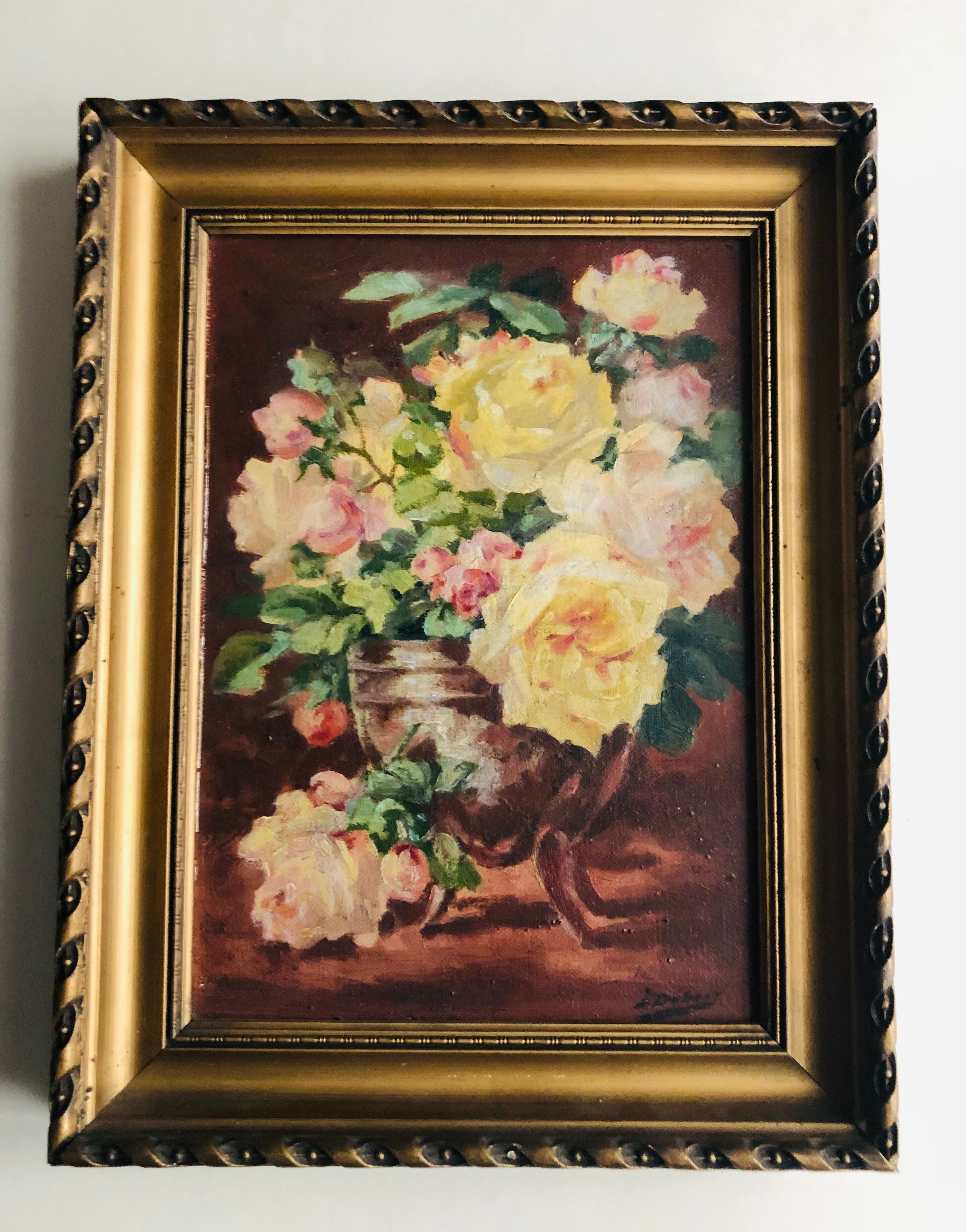 Huile sur toile, nature morte au bouquet de roses