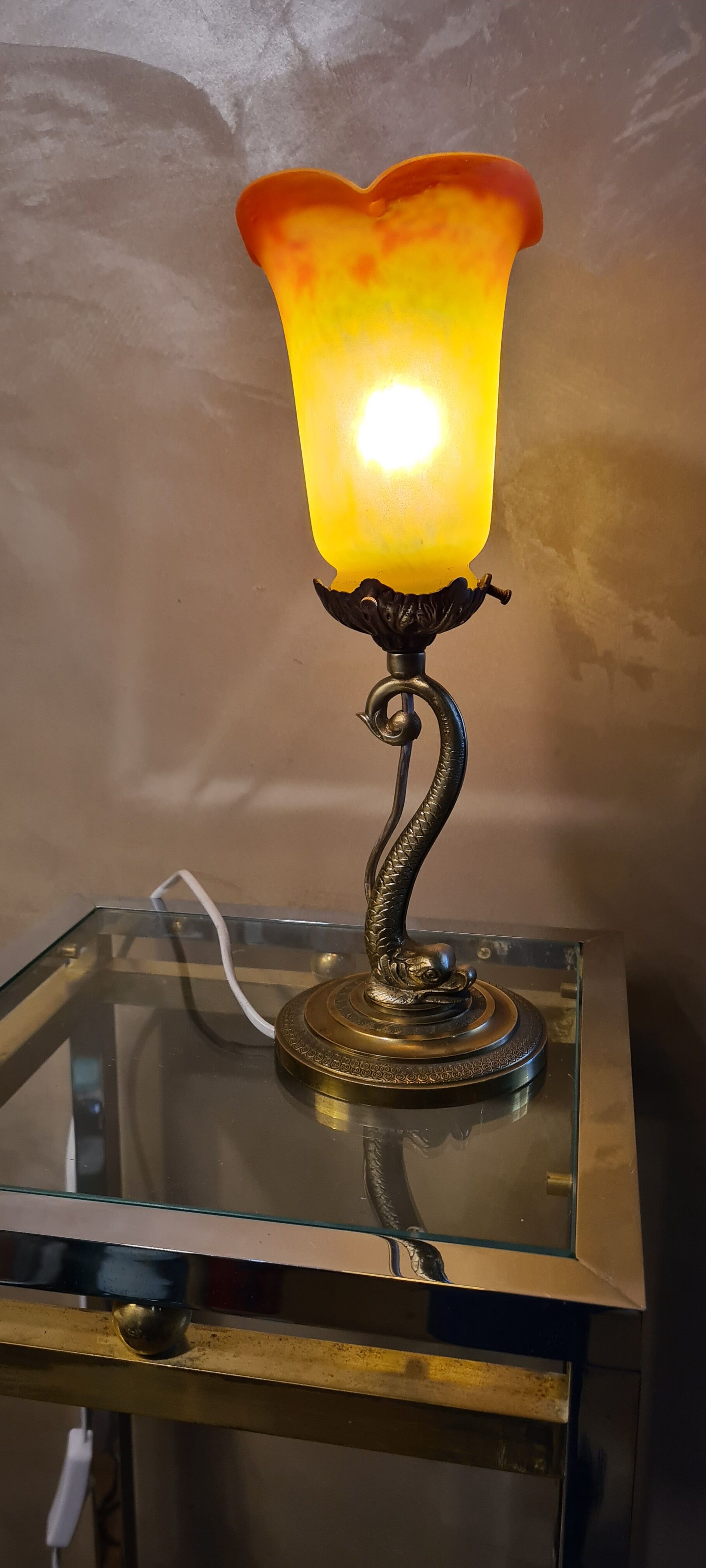 Lamp Dauphin bronze 1920 with tulip signed (Noverdy France) 32x11