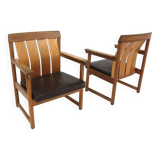 Set de 2 tables de fauteuils en cuir et en chêne, Ferdinand Lundqvist, Suède, 1960