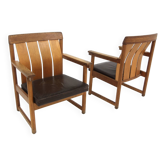 Set de 2 tables de fauteuils en cuir et en chêne, Ferdinand Lundqvist, Suède, 1960