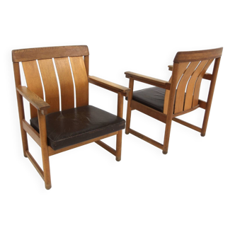 Set of 2 leather and oak armchair tables, Ferdinand Lundqvist, Sweden, 1960