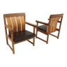 Set of 2 leather and oak armchair tables, Ferdinand Lundqvist, Sweden, 1960