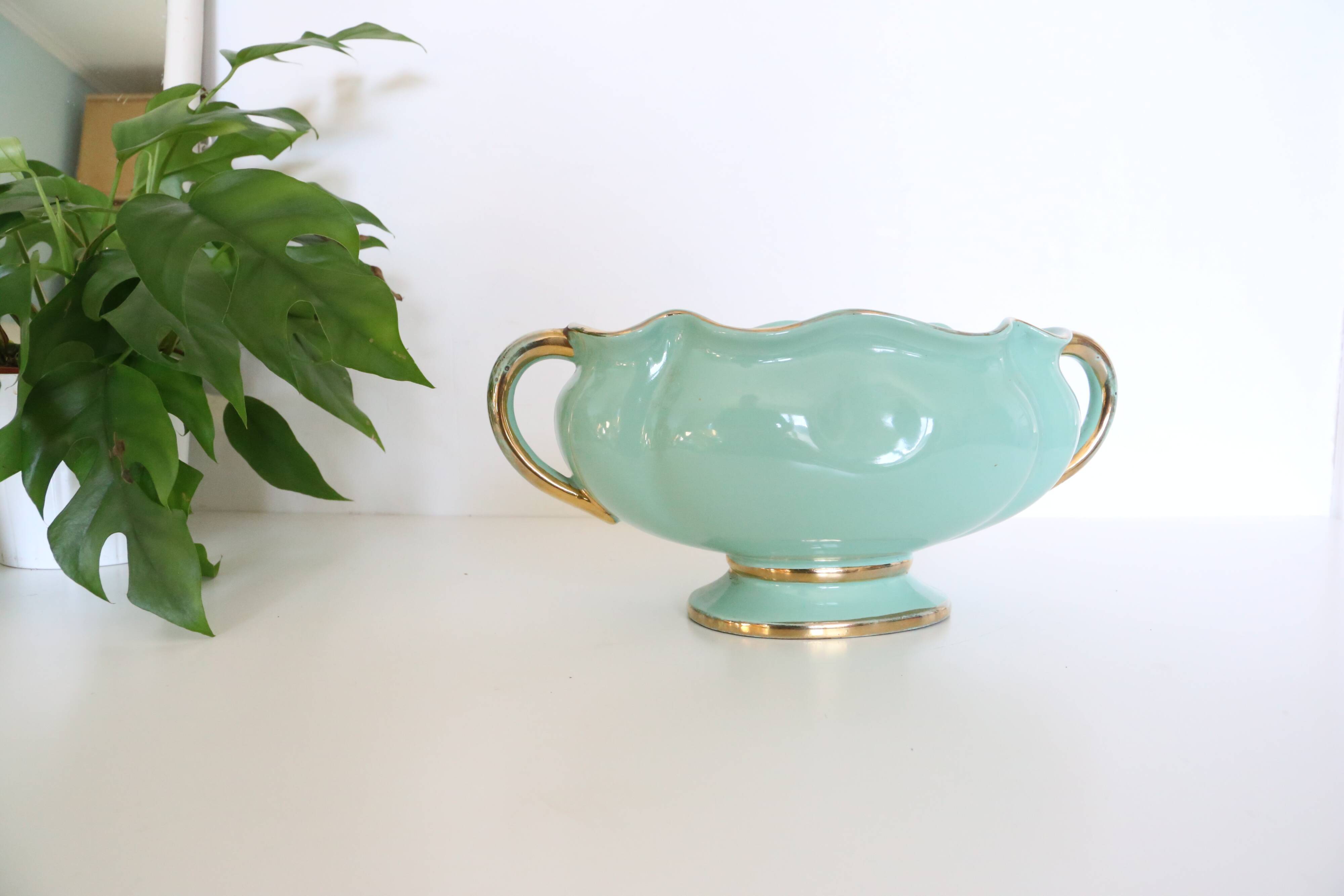 Ceramic planter, mint green, France / Vintage French