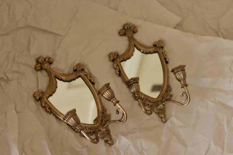 Pair of Vintage Double Arm Italian Brass Sconces with Mirror