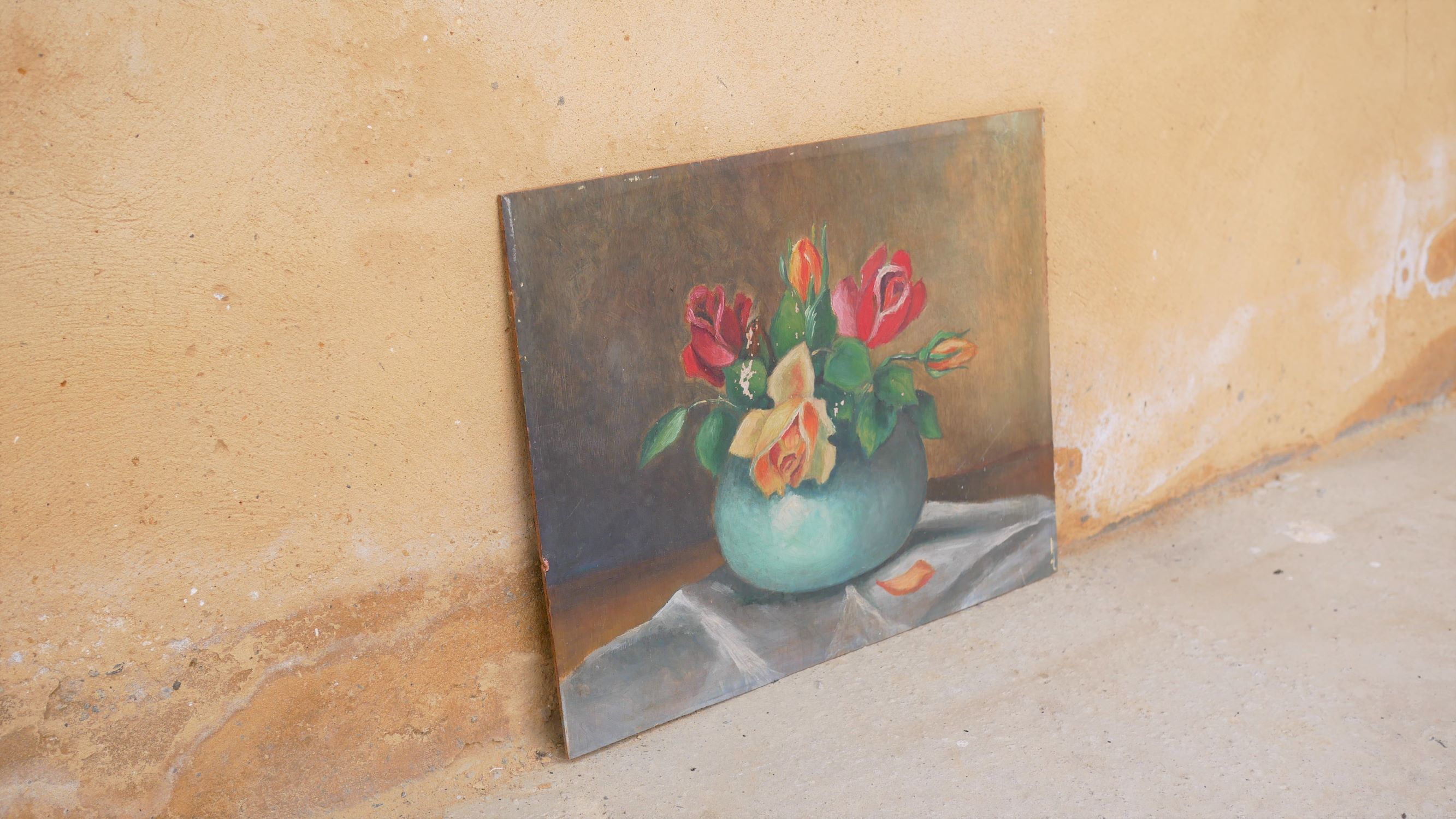 Painting, vintage wood painting Flowers