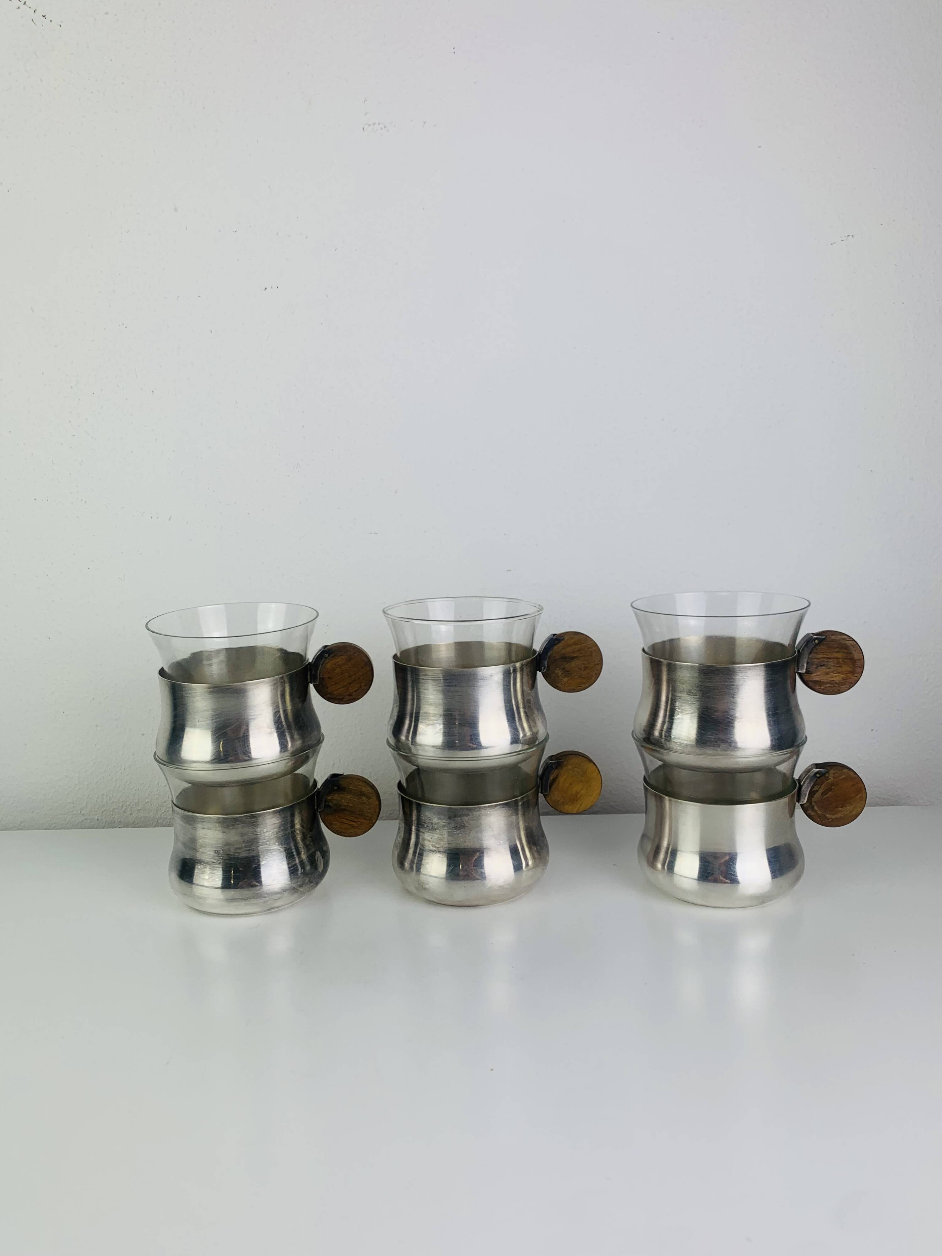 6 Art Deco silver-plated metal and glass cups by Sigg Switzerland