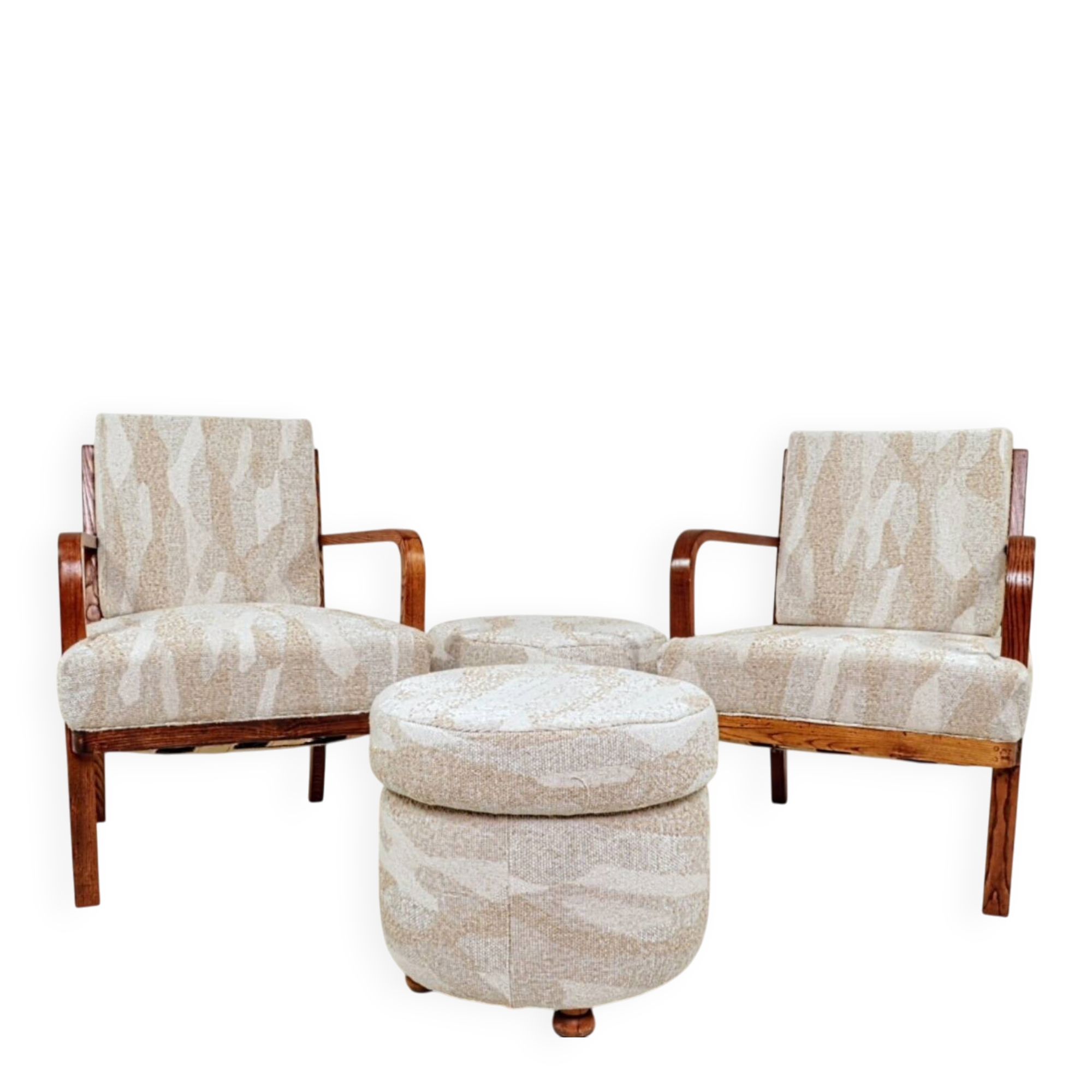 Vintage armchairs from the 1930s in ash wood and jacquard fabric.