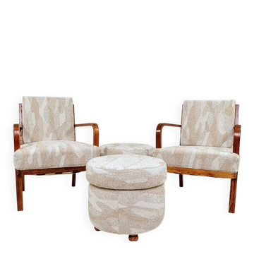 Vintage armchairs from the 1930s in ash wood and jacquard fabric.