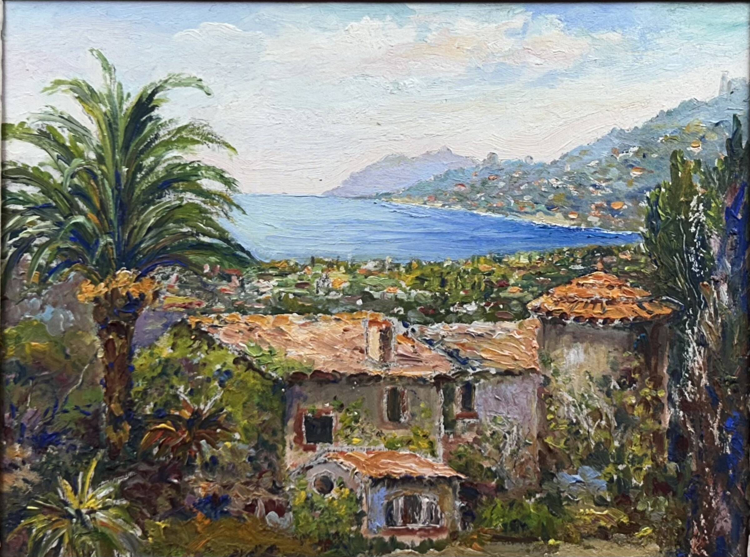 Oil on panel View of a villa in St Tropez? probably A. Adam around 1960