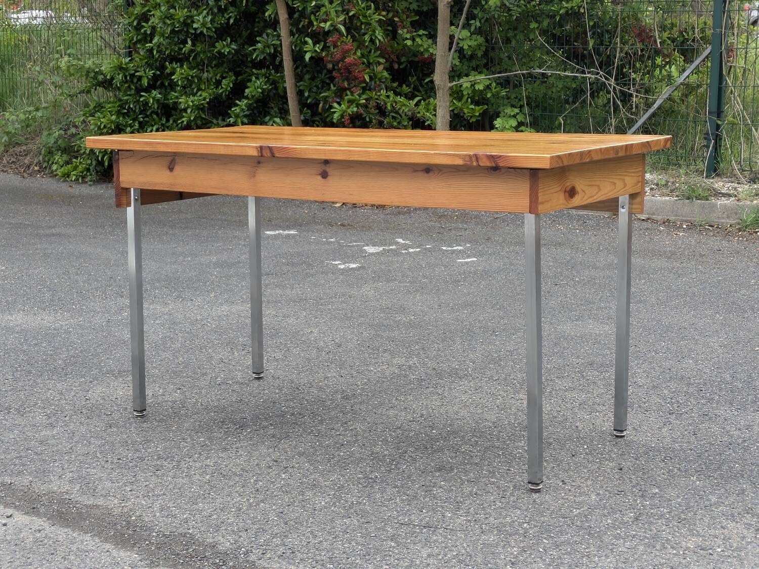 Vintage solid pine & chrome steel desk, 1970s