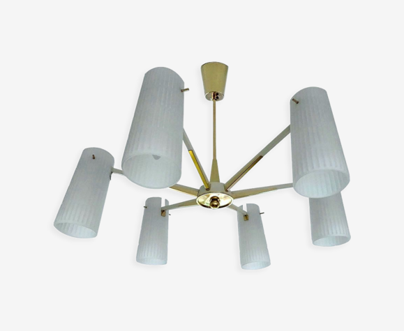 Suspension vintage design années 50 laiton et opaline, blanc or