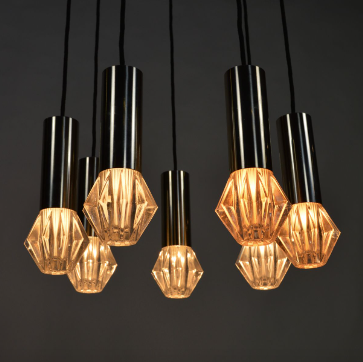 Vintage suspension lamp in chrome metal and glass 1970