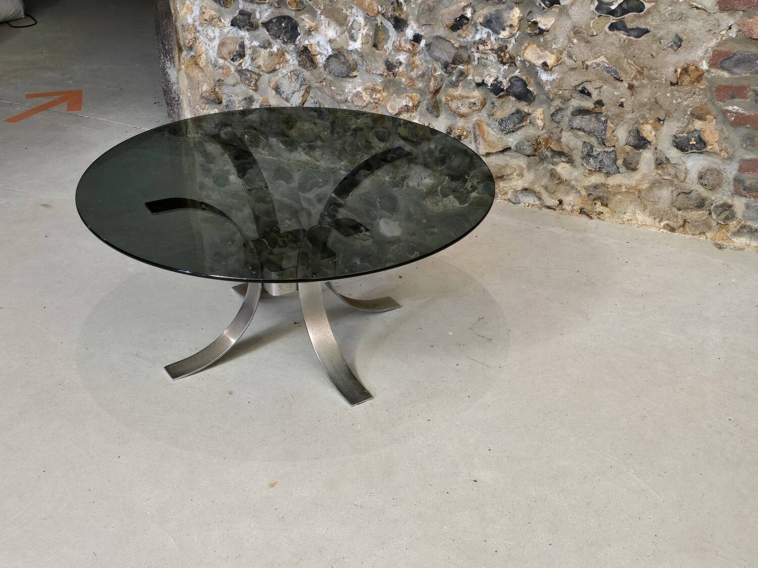 Vintage metal and smoked glass coffee table, 1970